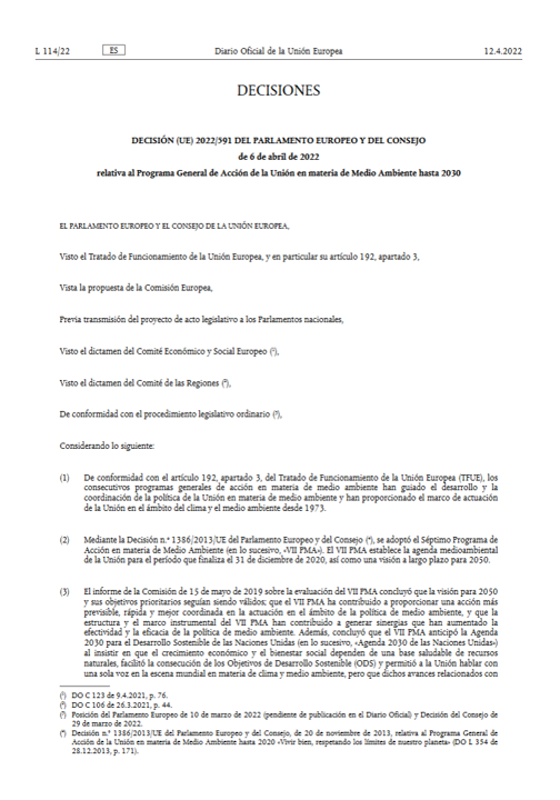 Decisión (UE) 2022/591 Programa Acción de Medio Ambiente