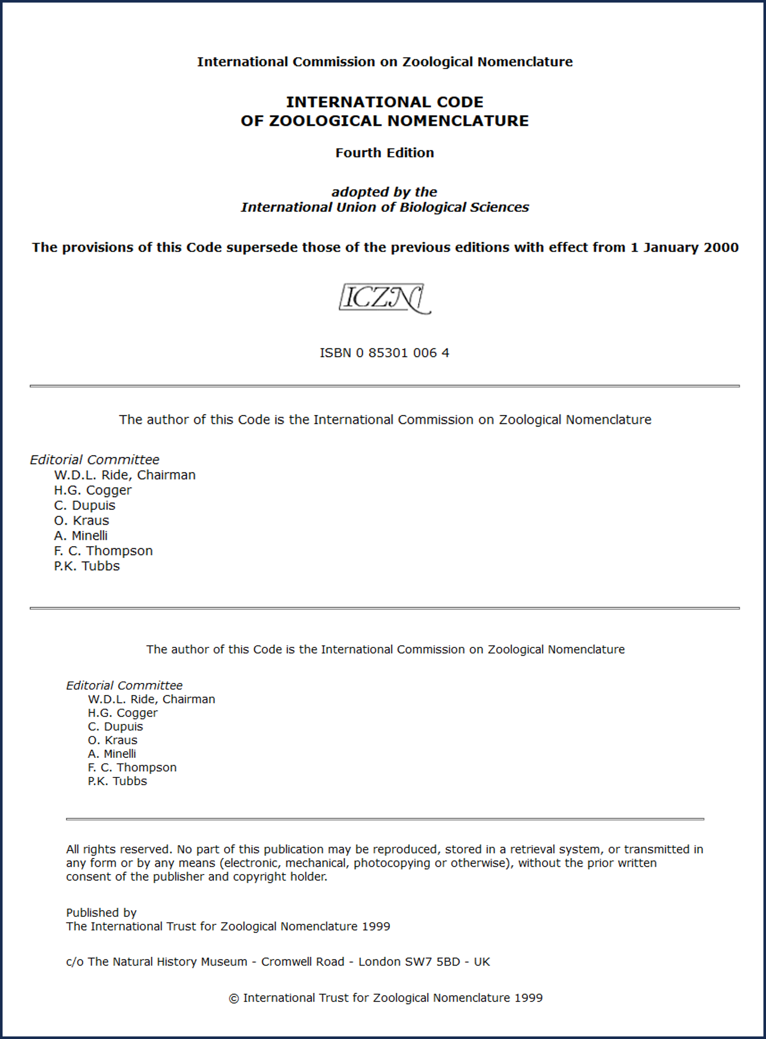 Int. Code of Zoological Nomenclature (1999)