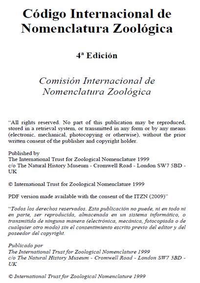 Código Int. de Nomenclatura Zoológica (1999)